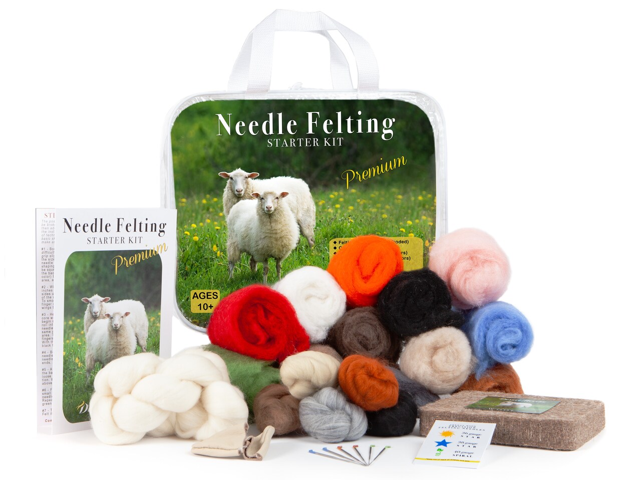 Complete Needle Felting Craft Starter Kit for Beginners, Premium Tools and Supplies, 17 Colors Wool, 6 Needles Color Coded, Wool Felting Pad, Leather Finger Guards, Storage Case